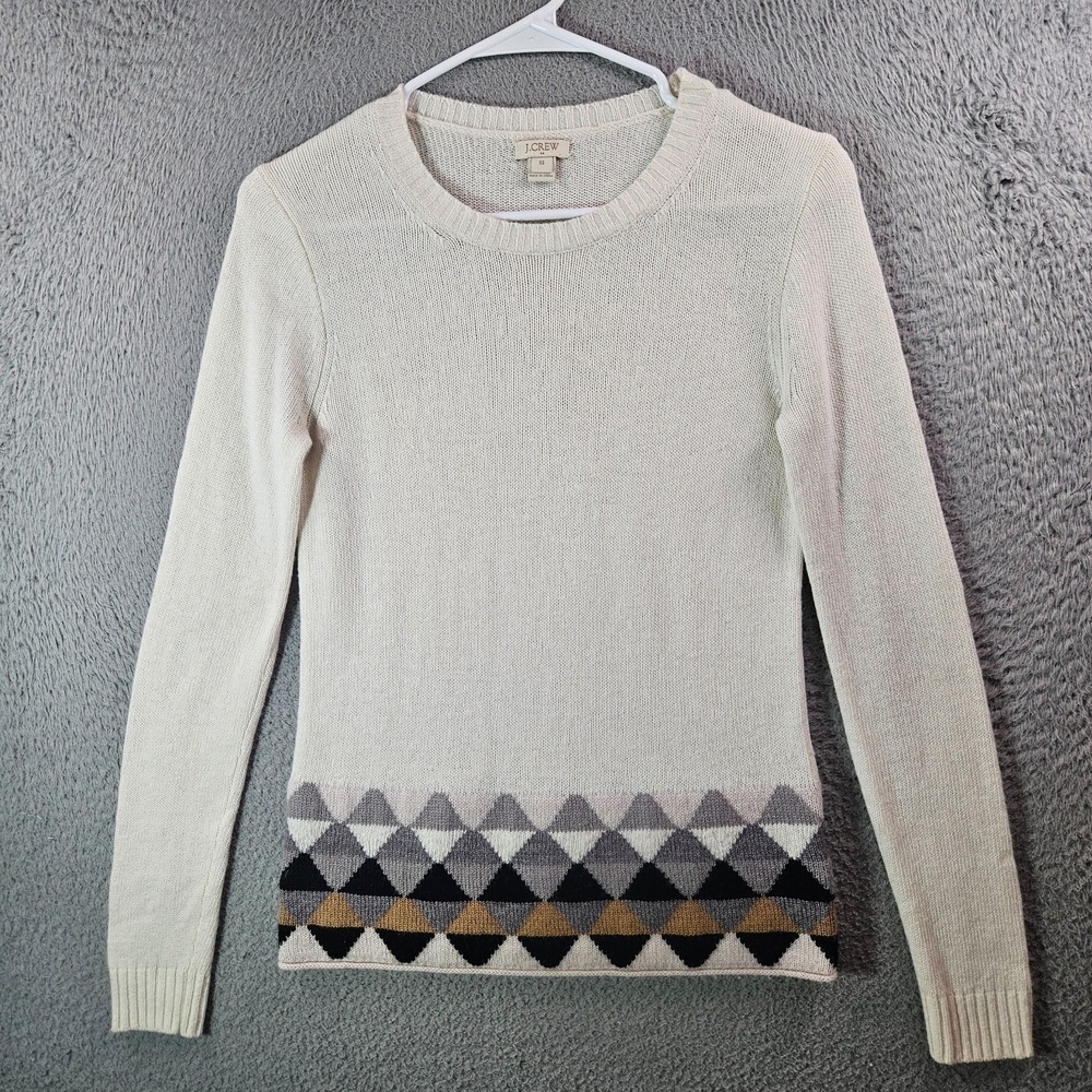 J Crew Sweater Women XS Wool Blend Knit Pattern Trim Multicolor‎ Preppy